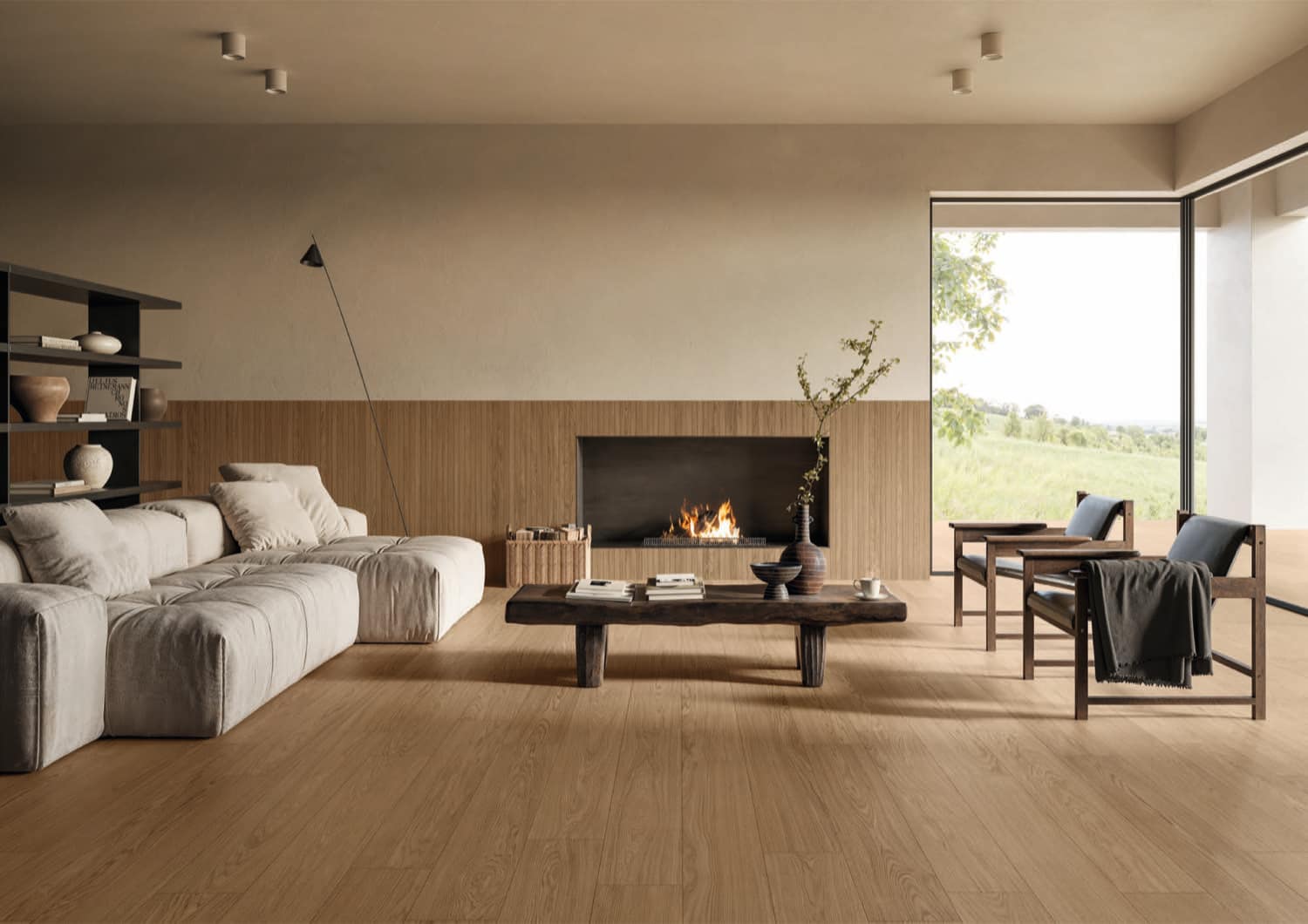 Wohnzimmer mit warmer Naturstein-Atmosphäre
